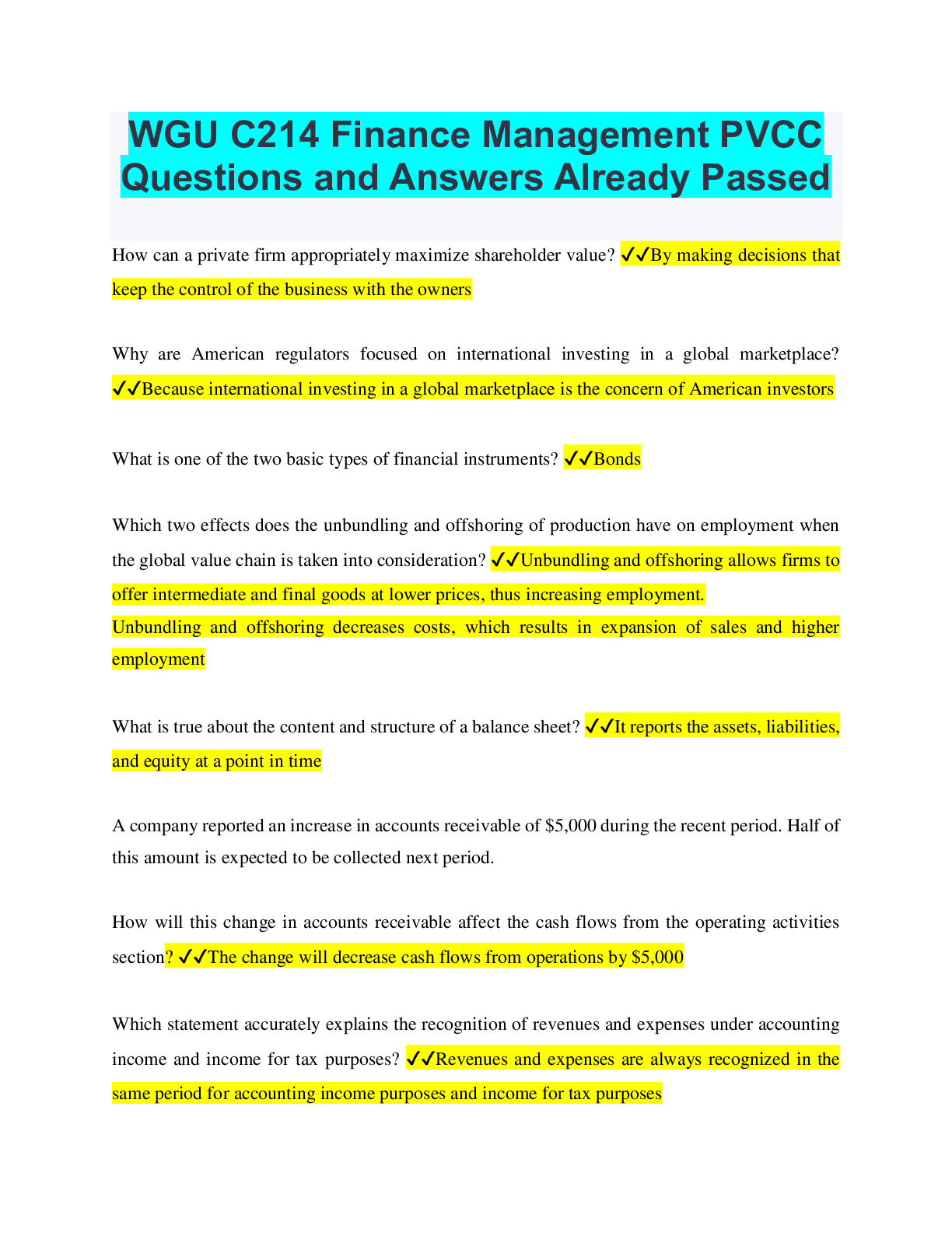 Preview of WGU C214 Finance Management PVCC Questions and Answers Already Passed
